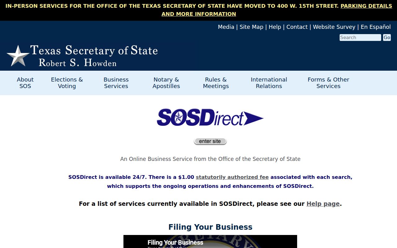 Wichita Falls residents directory official SOSDirect business records entry screen