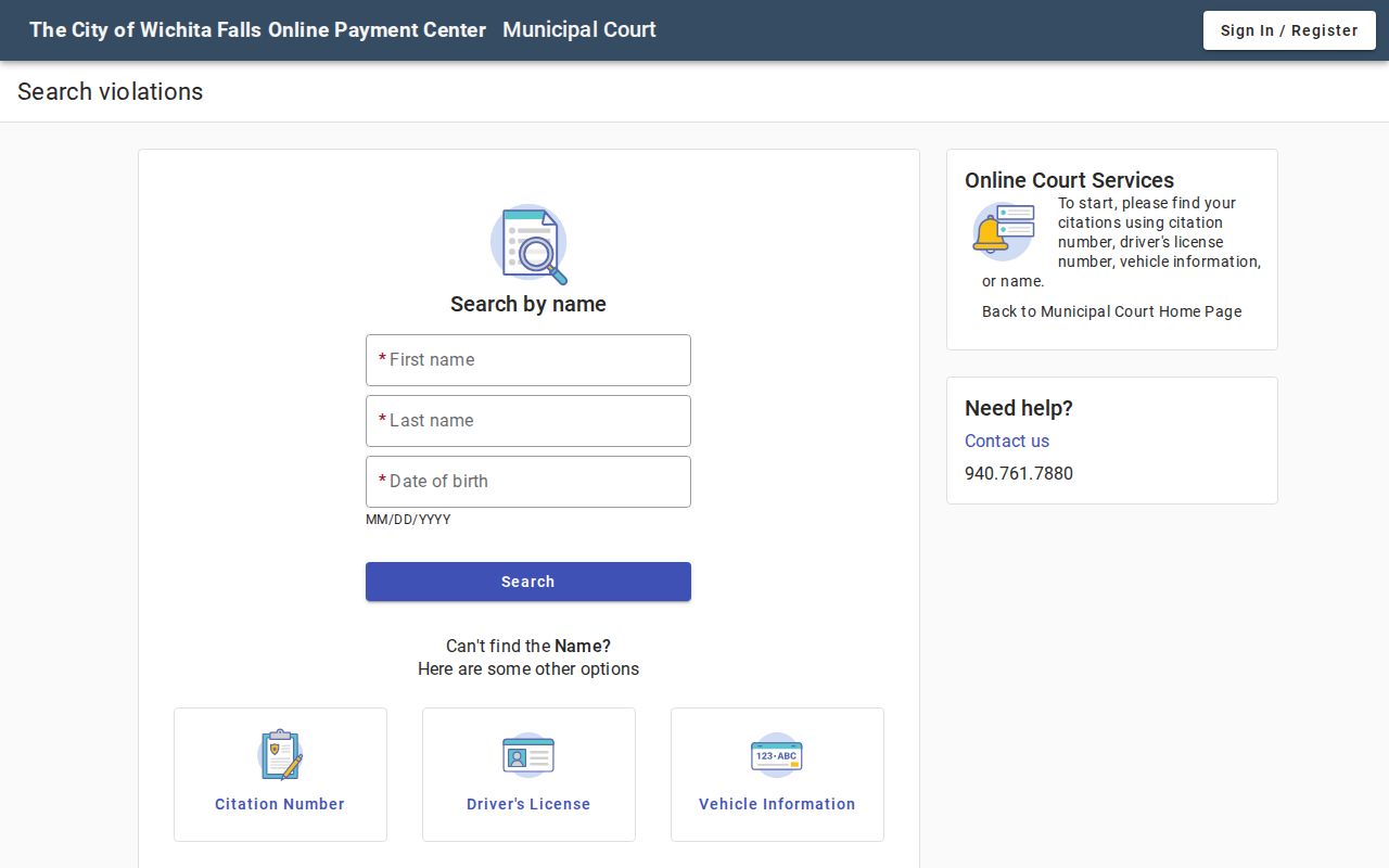Wichita Falls resident lookup on the Municipal Court name-search page