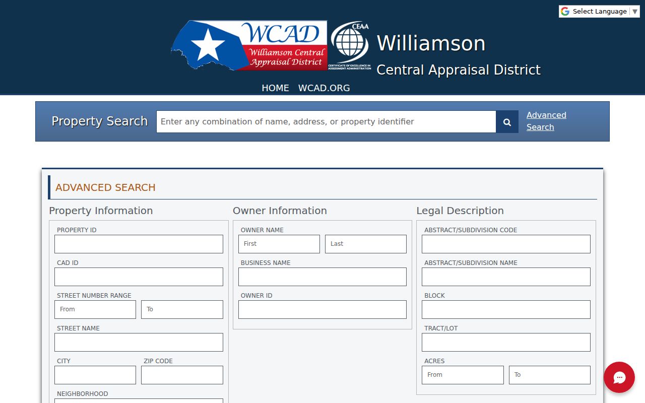 Wichita Falls street directory WCAD Advanced Search fields